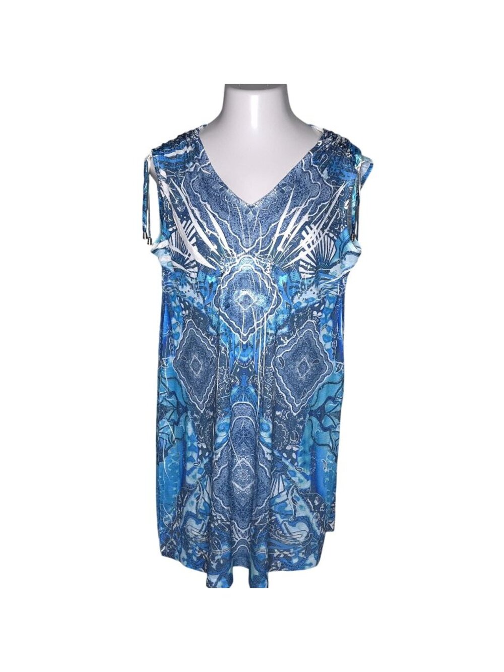 Style & Co Blue Printed Sleeveless V-Neck Tunic Dress XL Polyester